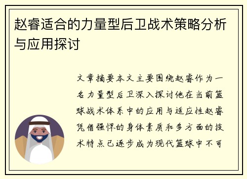 赵睿适合的力量型后卫战术策略分析与应用探讨